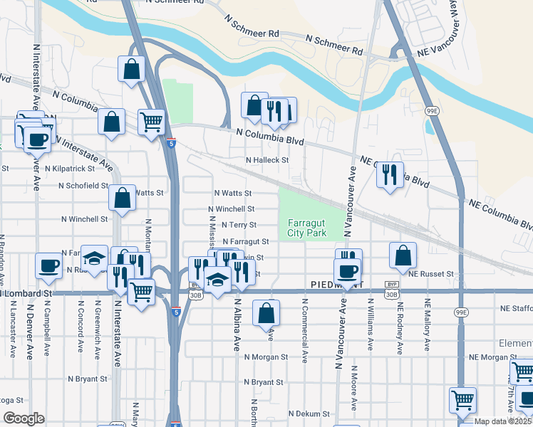 map of restaurants, bars, coffee shops, grocery stores, and more near 620 North Winchell Street in Portland