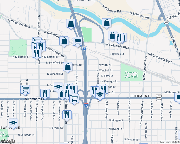 map of restaurants, bars, coffee shops, grocery stores, and more near 1020 North Winchell Street in Portland