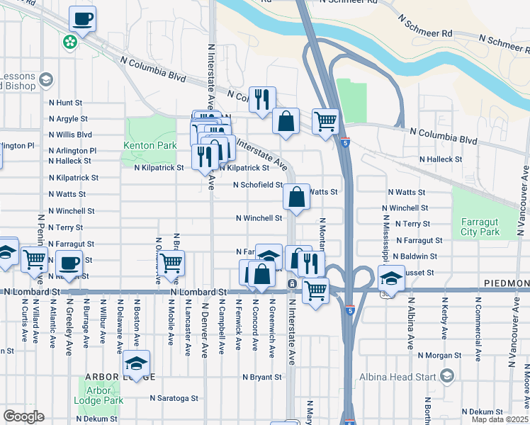 map of restaurants, bars, coffee shops, grocery stores, and more near 1627 North Winchell Street in Portland