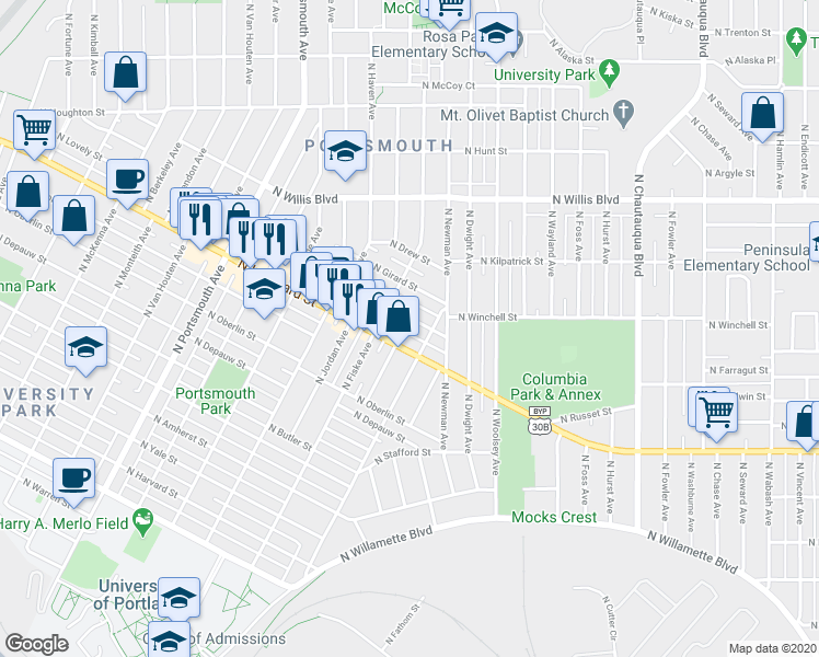 map of restaurants, bars, coffee shops, grocery stores, and more near 4748 North Vanderbilt Street in Portland