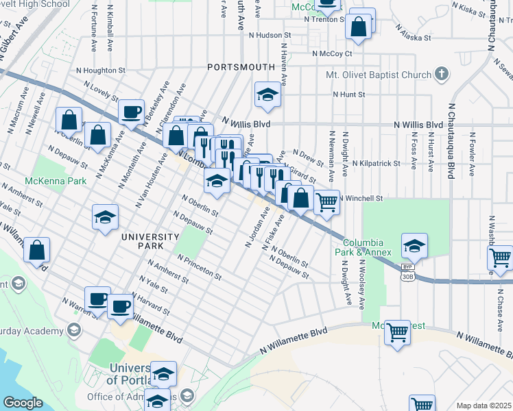 map of restaurants, bars, coffee shops, grocery stores, and more near 4826 North Lombard Street in Portland