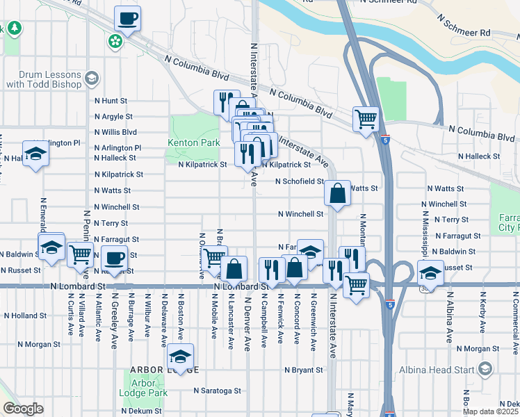 map of restaurants, bars, coffee shops, grocery stores, and more near 7910 North Denver Avenue in Portland