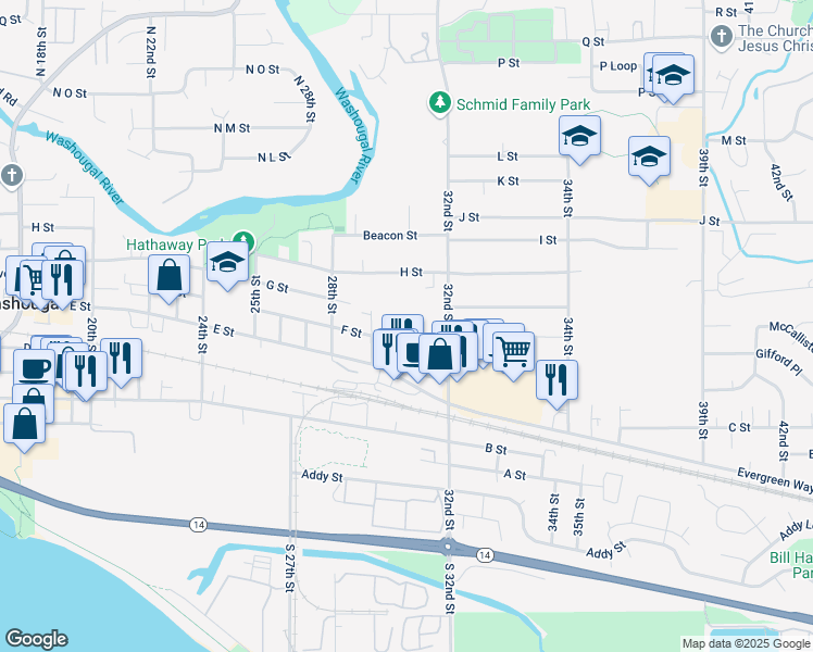 map of restaurants, bars, coffee shops, grocery stores, and more near 640 Laurel in Washougal