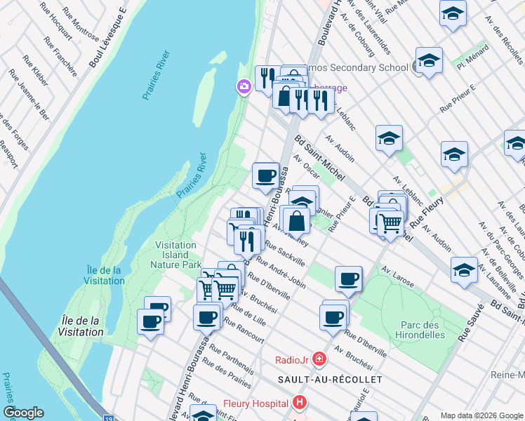 map of restaurants, bars, coffee shops, grocery stores, and more near 10705 Avenue Vianney in Montréal