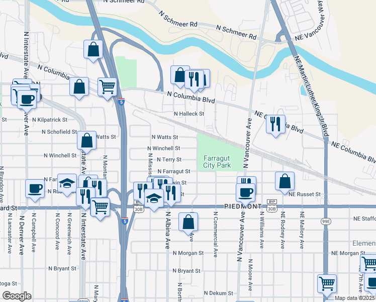 map of restaurants, bars, coffee shops, grocery stores, and more near 631 North Winchell Street in Portland