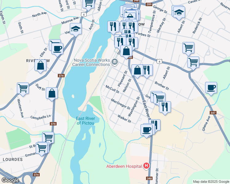 map of restaurants, bars, coffee shops, grocery stores, and more near 475 Pleasant Street in New Glasgow