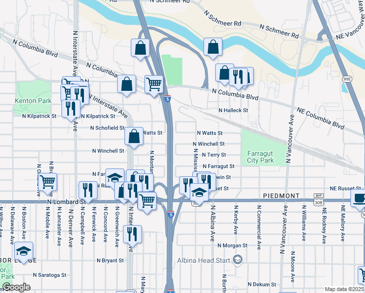 map of restaurants, bars, coffee shops, grocery stores, and more near 1020 North Winchell Street in Portland