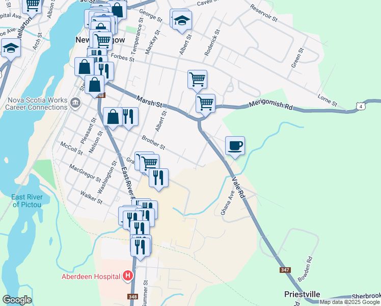 map of restaurants, bars, coffee shops, grocery stores, and more near 466 Brother Street in New Glasgow
