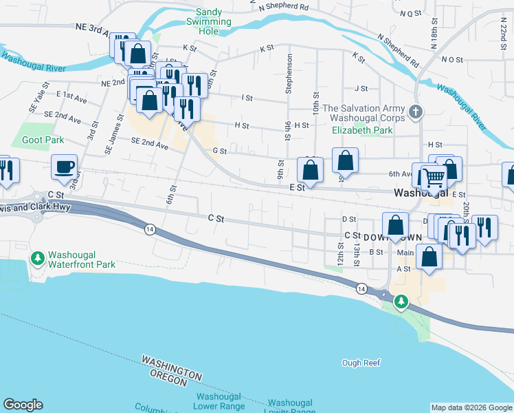 map of restaurants, bars, coffee shops, grocery stores, and more near 365 8th Street in Washougal