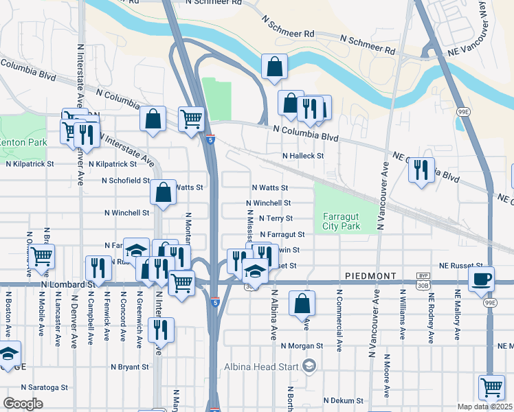 map of restaurants, bars, coffee shops, grocery stores, and more near 874 North Winchell Street in Portland