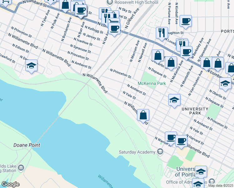 map of restaurants, bars, coffee shops, grocery stores, and more near 6825 North Macrum Avenue in Portland