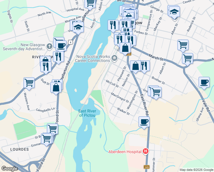 map of restaurants, bars, coffee shops, grocery stores, and more near 503 Macdonald Street in New Glasgow