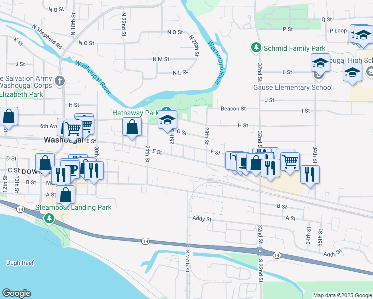 map of restaurants, bars, coffee shops, grocery stores, and more near 2608 F Street in Washougal
