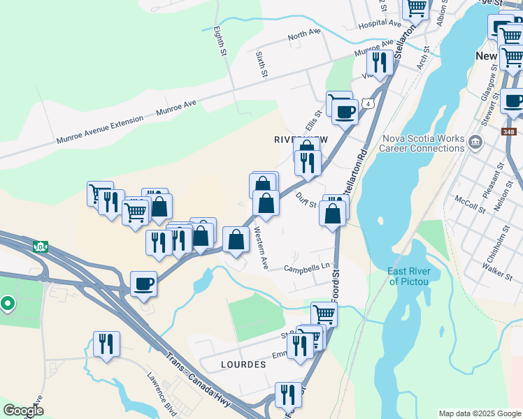 map of restaurants, bars, coffee shops, grocery stores, and more near Westville Road in New Glasgow