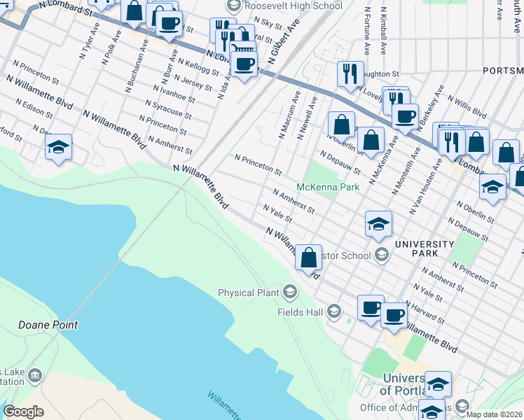 map of restaurants, bars, coffee shops, grocery stores, and more near 6524 North Yale Street in Portland