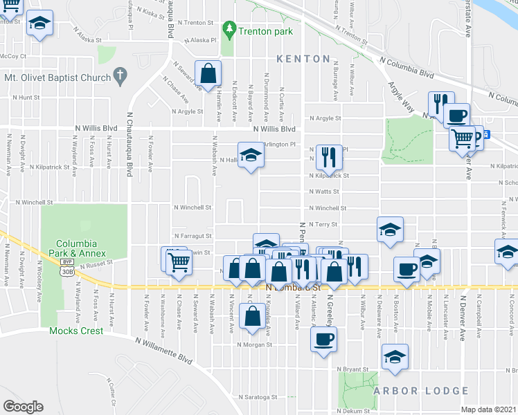 map of restaurants, bars, coffee shops, grocery stores, and more near North Emerald Avenue in Portland