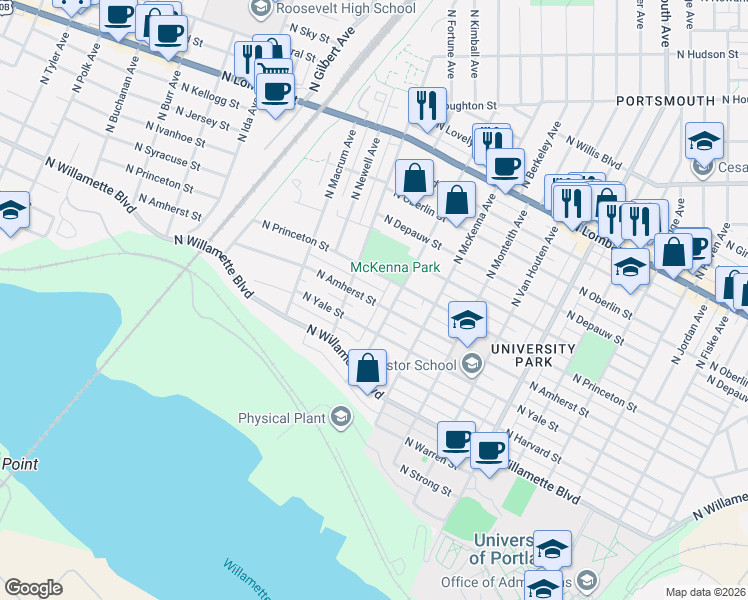 map of restaurants, bars, coffee shops, grocery stores, and more near 7003 North Wall Avenue in Portland
