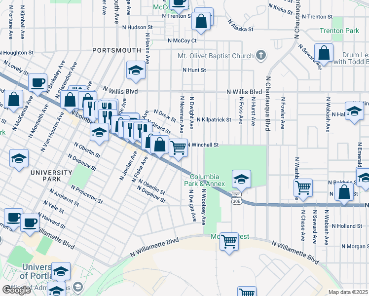 map of restaurants, bars, coffee shops, grocery stores, and more near 7806 North Newman Avenue in Portland