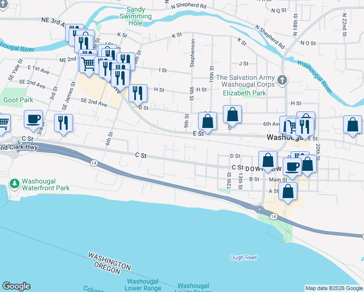 map of restaurants, bars, coffee shops, grocery stores, and more near 922 D Street in Washougal