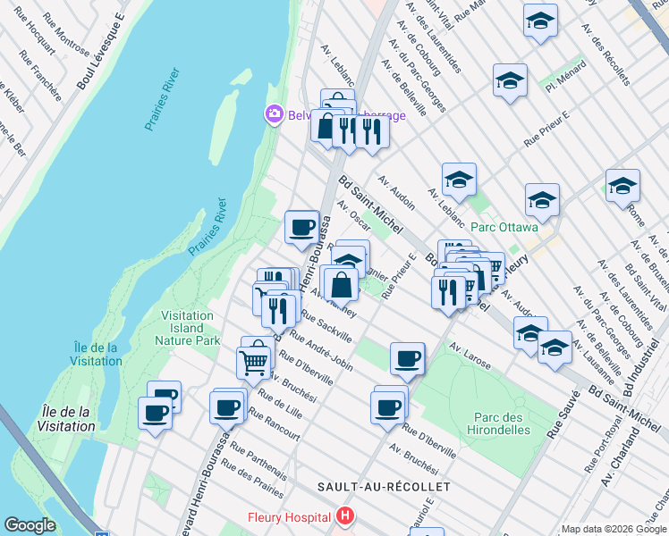 map of restaurants, bars, coffee shops, grocery stores, and more near 10671 Avenue Larose in Montréal
