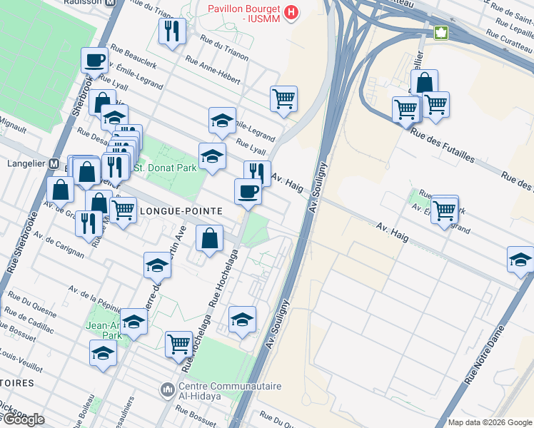 map of restaurants, bars, coffee shops, grocery stores, and more near in Montreal