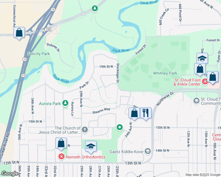 map of restaurants, bars, coffee shops, grocery stores, and more near 2512 Colony Drive in St. Cloud