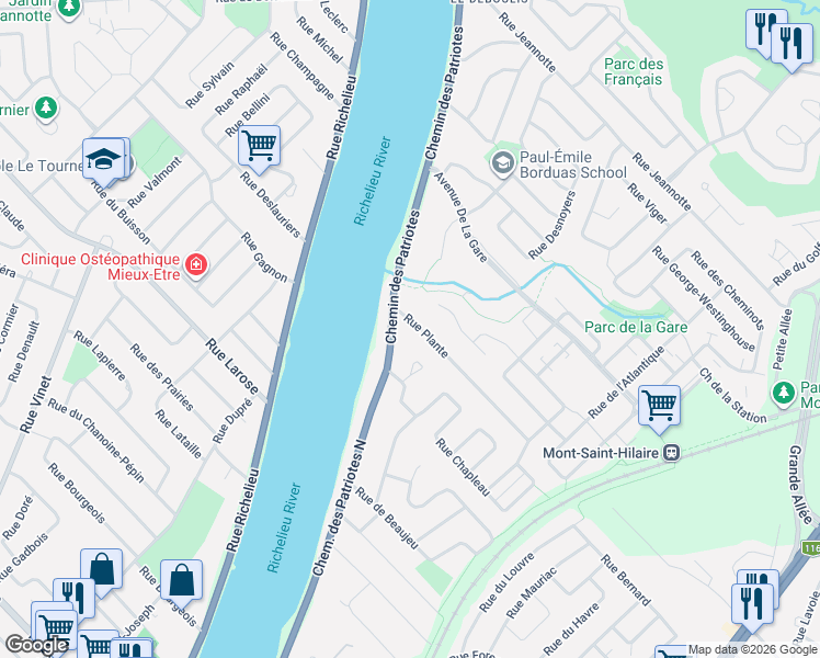map of restaurants, bars, coffee shops, grocery stores, and more near 22 Rue Plante in Mont-Saint-Hilaire