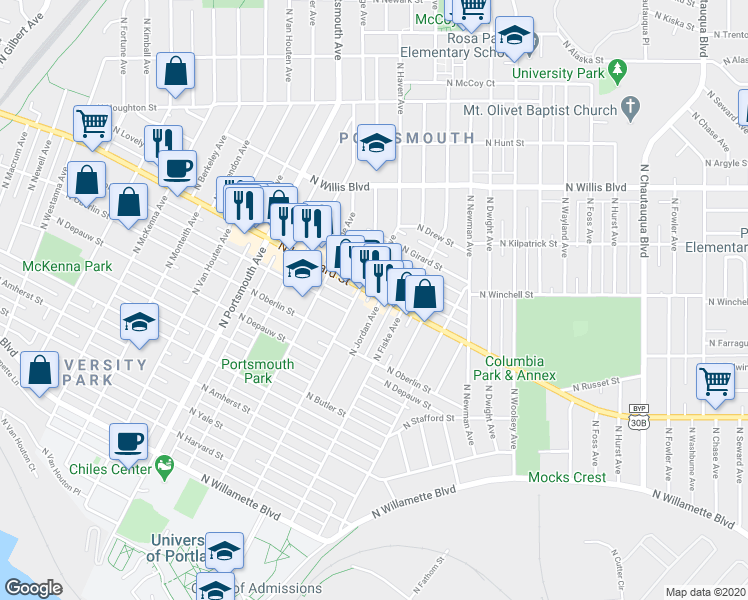 map of restaurants, bars, coffee shops, grocery stores, and more near 4904 North Lombard Street in Portland