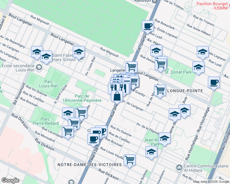 map of restaurants, bars, coffee shops, grocery stores, and more near 3902 Avenue de Repentigny in Montréal
