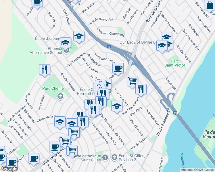 map of restaurants, bars, coffee shops, grocery stores, and more near 1775 A Boulevard de la Concorde Est in Laval