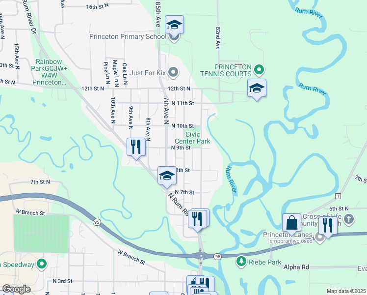 map of restaurants, bars, coffee shops, grocery stores, and more near 601 North 9th Street in Princeton