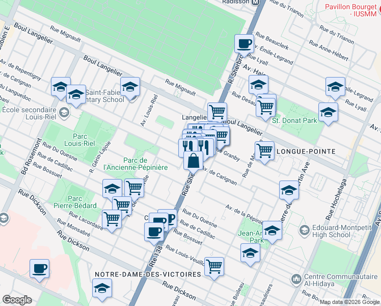 map of restaurants, bars, coffee shops, grocery stores, and more near 3902 Avenue de Repentigny in Montréal
