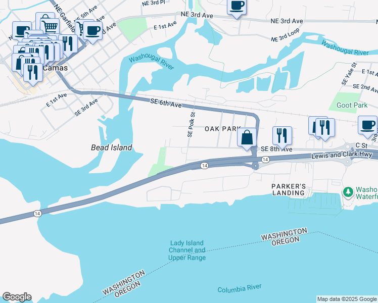 map of restaurants, bars, coffee shops, grocery stores, and more near 1715 Southeast 9th Avenue in Camas