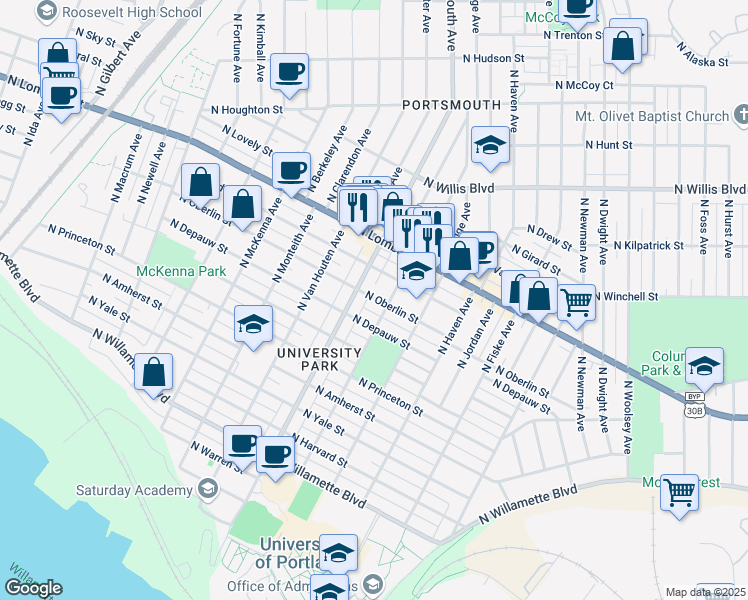 map of restaurants, bars, coffee shops, grocery stores, and more near 5254 North Oberlin Street in Portland