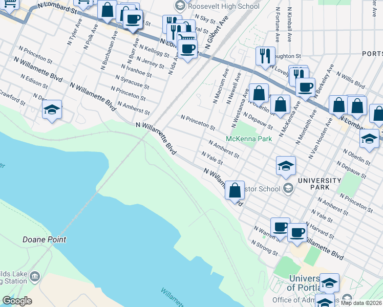map of restaurants, bars, coffee shops, grocery stores, and more near 6825 North Macrum Avenue in Portland