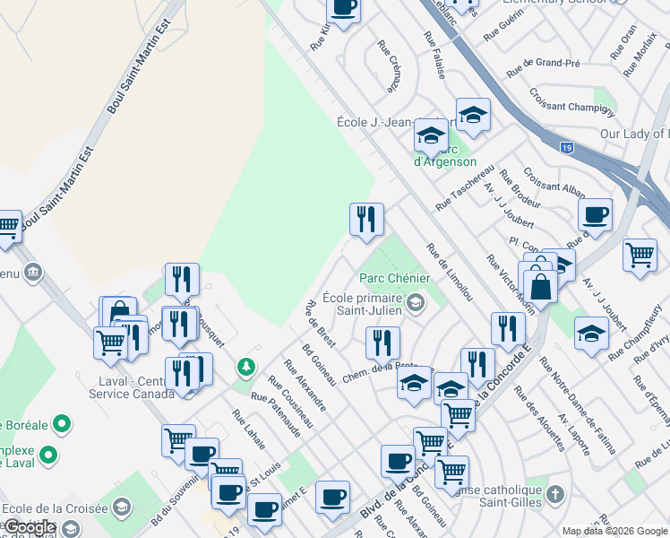 map of restaurants, bars, coffee shops, grocery stores, and more near 711 Rue de Brest in Laval