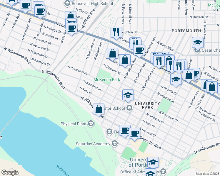 map of restaurants, bars, coffee shops, grocery stores, and more near 7036 North Wall Avenue in Portland