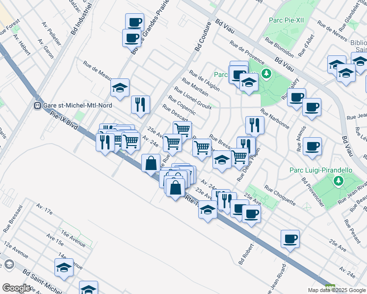 map of restaurants, bars, coffee shops, grocery stores, and more near 8987 25e Avenue in Montréal