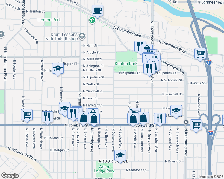 map of restaurants, bars, coffee shops, grocery stores, and more near 2505 North Winchell Street in Portland