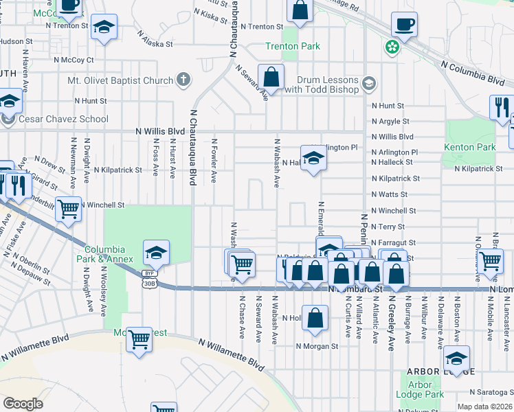 map of restaurants, bars, coffee shops, grocery stores, and more near 7905 North Seward Avenue in Portland
