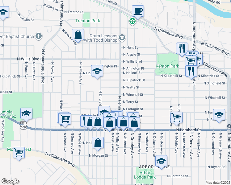 map of restaurants, bars, coffee shops, grocery stores, and more near 3025 North Winchell Street in Portland