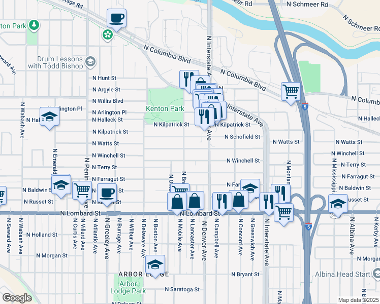 map of restaurants, bars, coffee shops, grocery stores, and more near 2047 North Winchell Street in Portland