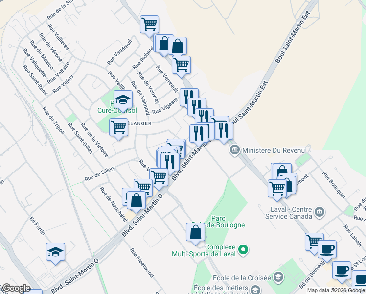 map of restaurants, bars, coffee shops, grocery stores, and more near 1730 Rue de Madère in Laval