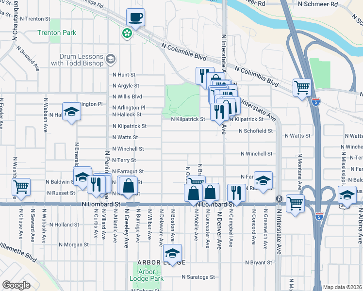 map of restaurants, bars, coffee shops, grocery stores, and more near 2339 North Winchell Street in Portland