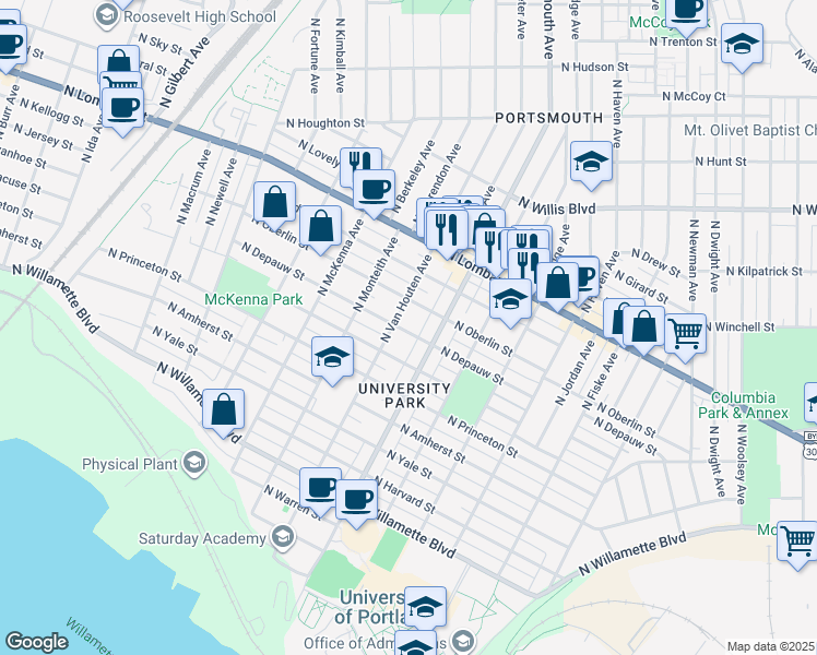 map of restaurants, bars, coffee shops, grocery stores, and more near 5409 North Depauw Street in Portland