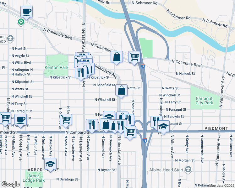 map of restaurants, bars, coffee shops, grocery stores, and more near 7850 North Interstate Avenue in Portland