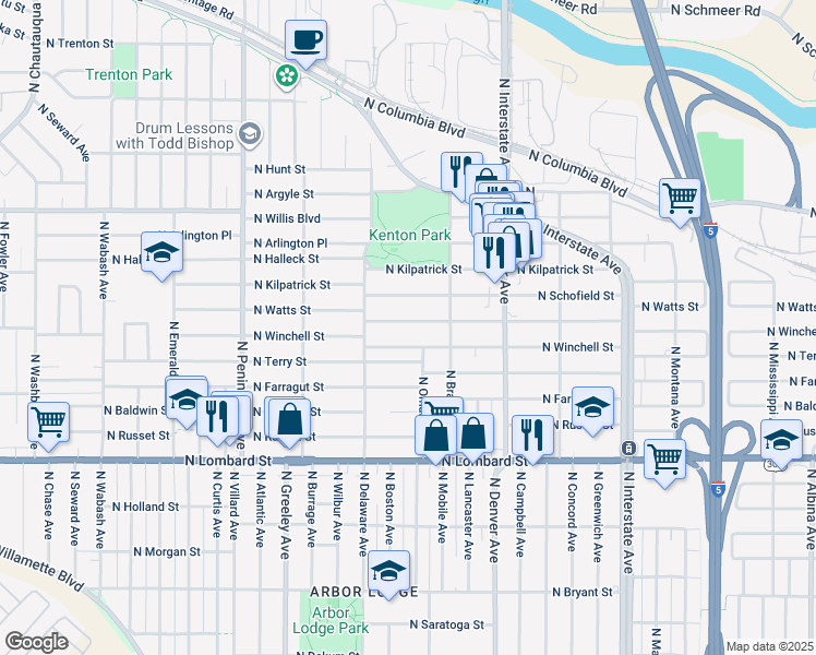 map of restaurants, bars, coffee shops, grocery stores, and more near 2339 North Winchell Street in Portland