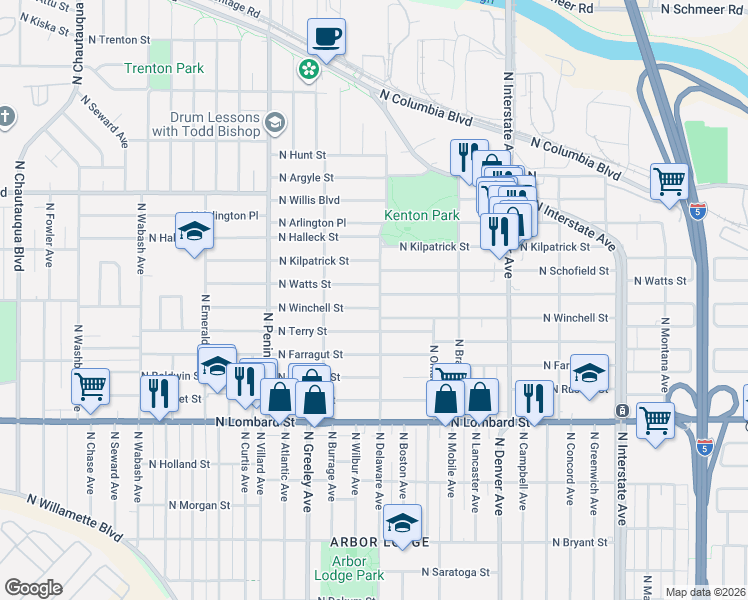 map of restaurants, bars, coffee shops, grocery stores, and more near 7916 North Delaware Avenue in Portland