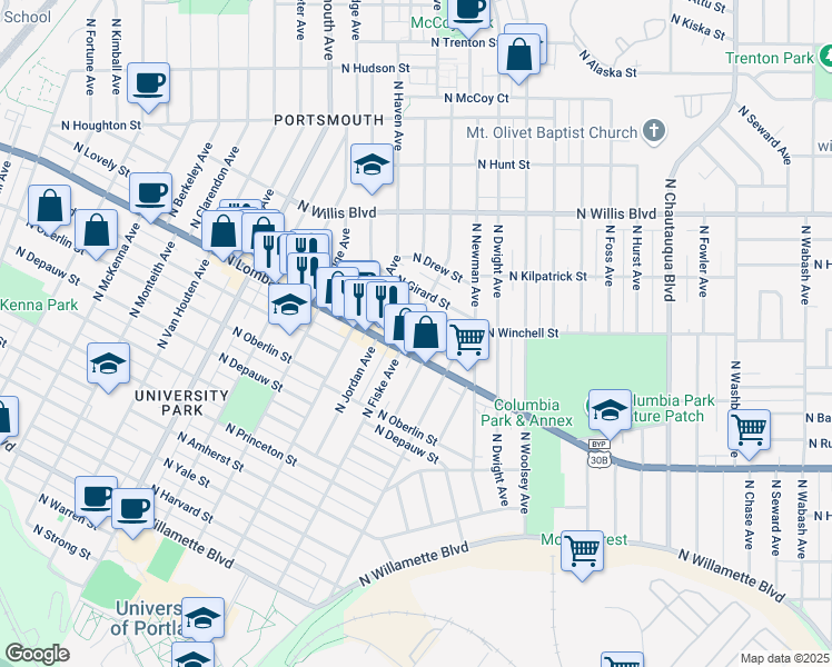 map of restaurants, bars, coffee shops, grocery stores, and more near in Portland