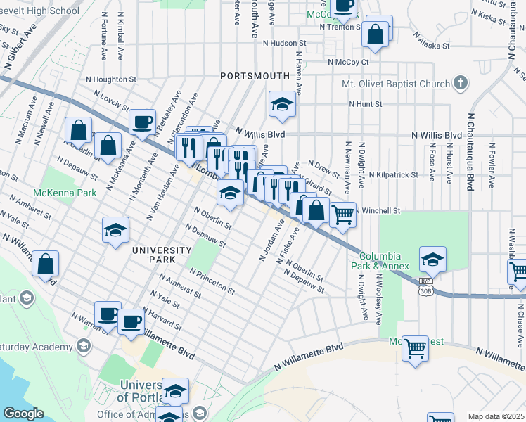 map of restaurants, bars, coffee shops, grocery stores, and more near 7459 North Haven Avenue in Portland